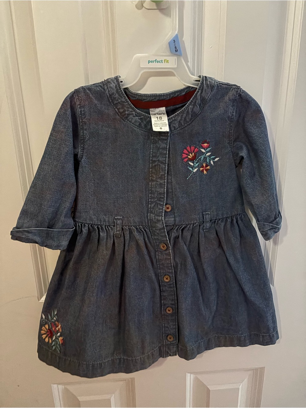Embroidered Denim Button-Front Dress - Blue with Floral Accents